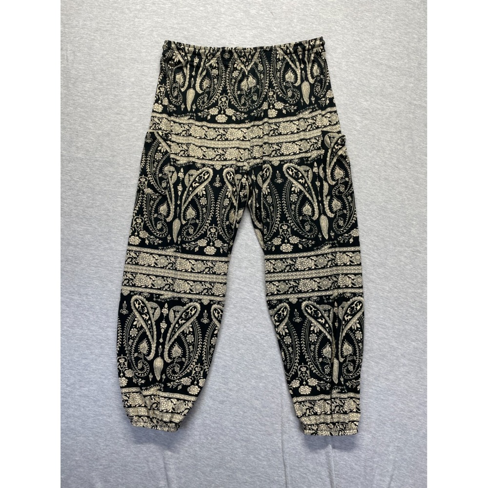 Qianxizhan Harem Joggers Pants Womens XL Black Beige Paisley Print Elastic Waist